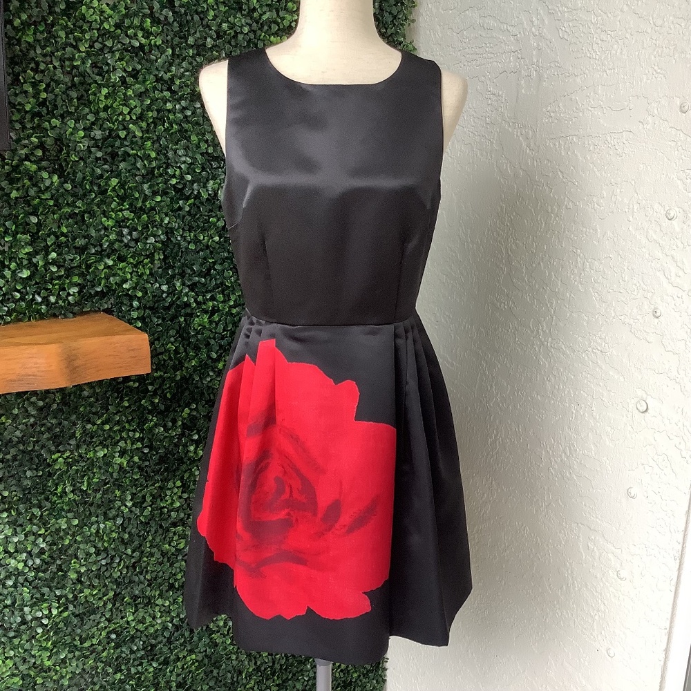 Cece by Cynthia Steffe Black Satin Red Rose Fit and Flare Cocktail Dress, Size 6